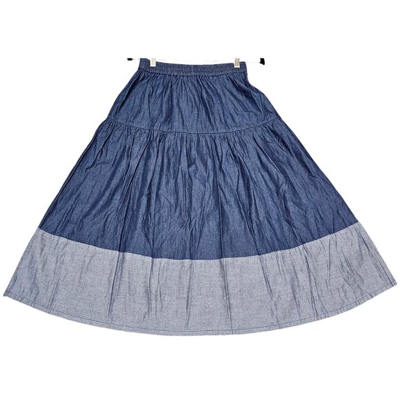 Tiered Denim Maxi Skirt Elastic Waist Two-Tone Contrast Hem Lightweight - Picture 2 of 4